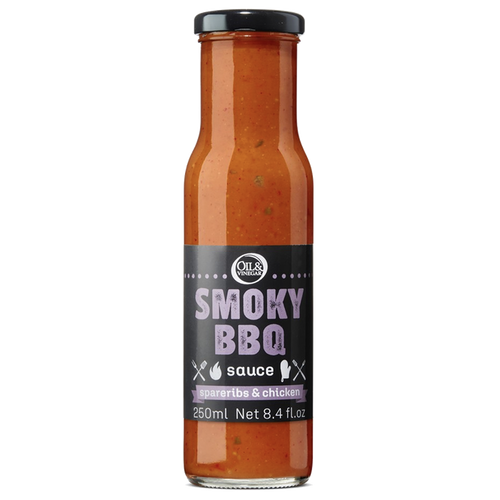 A bottle of Smoky Grill BBQ sauce with a label showing the product name and volume.