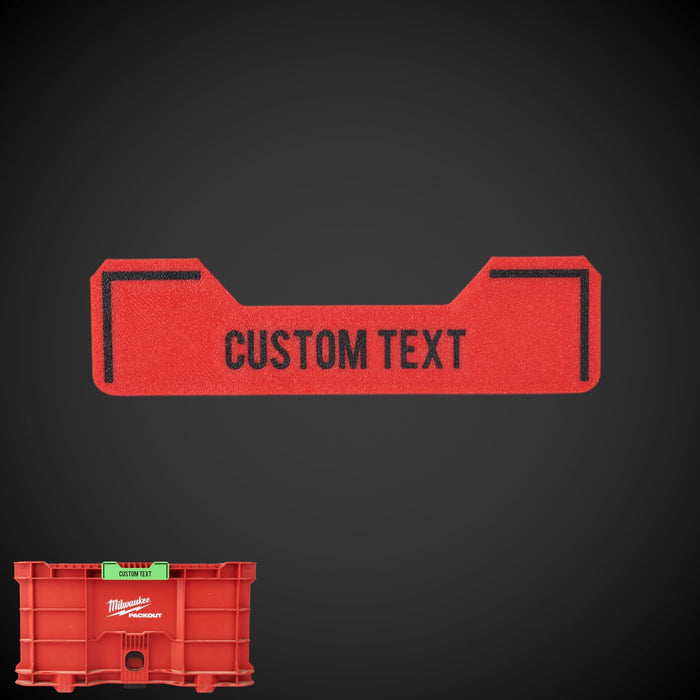 A custom Snap on Label - Crate in red with black text, designed to be attached to a Milwaukee packout crate.