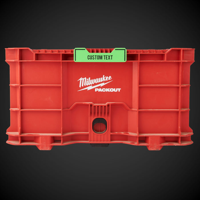Custom Snap On Label - Crate (Green Color) on a red Milwaukee Packout crate
