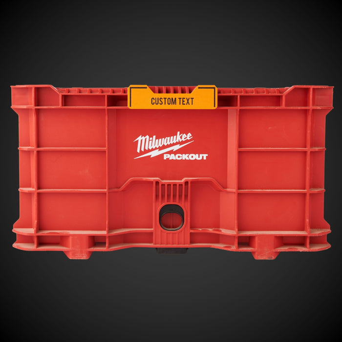 Custom Snap On Label - Crate (Orange Color) on a red Milwaukee Packout crate