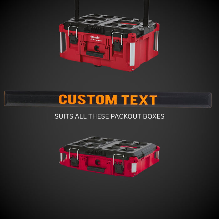 Red tool box with customizable text on a dark background