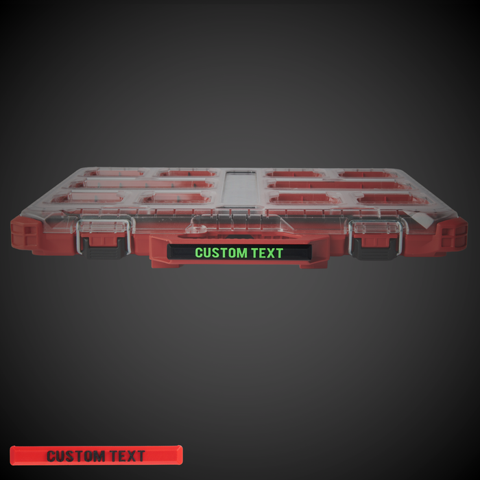 Custom label with red text on a red background, designed for a tool organizer from Milwaukee Slimline Packout.