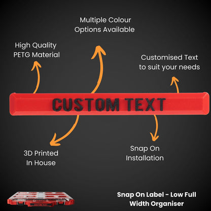 Red custom text snap on label with features highlighted on a black background