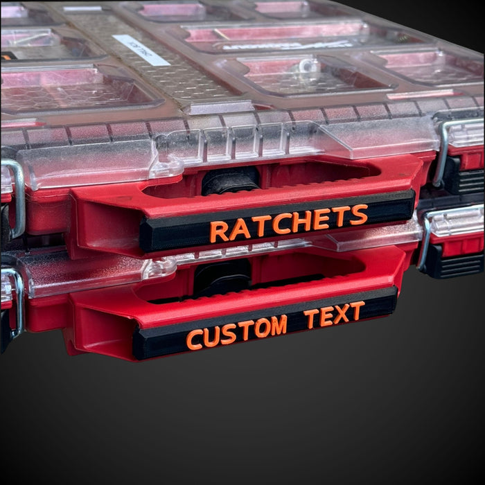 Milwaukee packput with 'RATCHETS' and 'CUSTOM TEXT' snap on labels