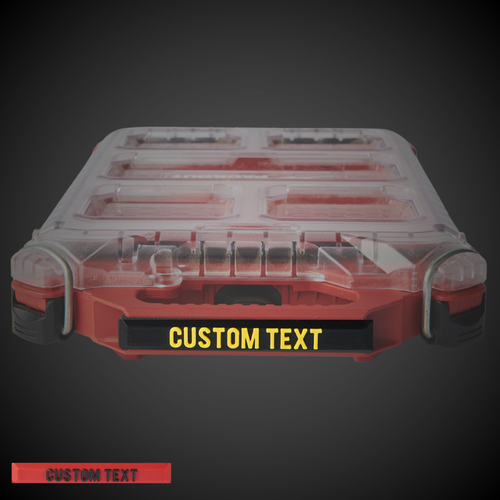 Custom Snap On Label - Low Half Width Organiser on a red and transparent tool organizer with a black handle.