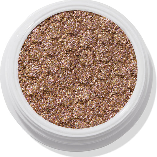 ColourPop So Quiche Super Shock Shadow, a metallic olive‑taupe eyeshadow with pink and gold sparkle, catching light in its bouncy, dimpled pan inside a white twist pot, shown in a clean close-up on a white background.