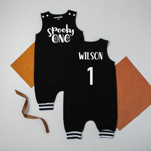 Spooky One Personalized 1st Birthday Romper with Striped Cuff