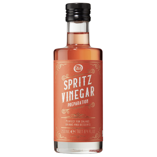 A bottle labeled Spritz Vinegar with a capacity indicator of 250 ml/8.4 fl oz.