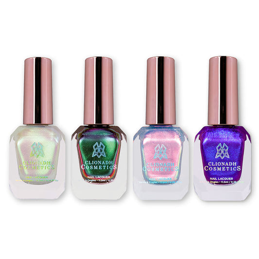 Set of four Clionadh Cosmetic nail polish bottles on a white background.