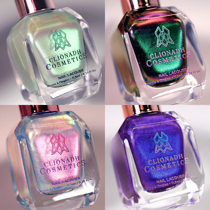 Collage of four Clionadh Cosmetics nail polish bottles in different colours on a white background.
