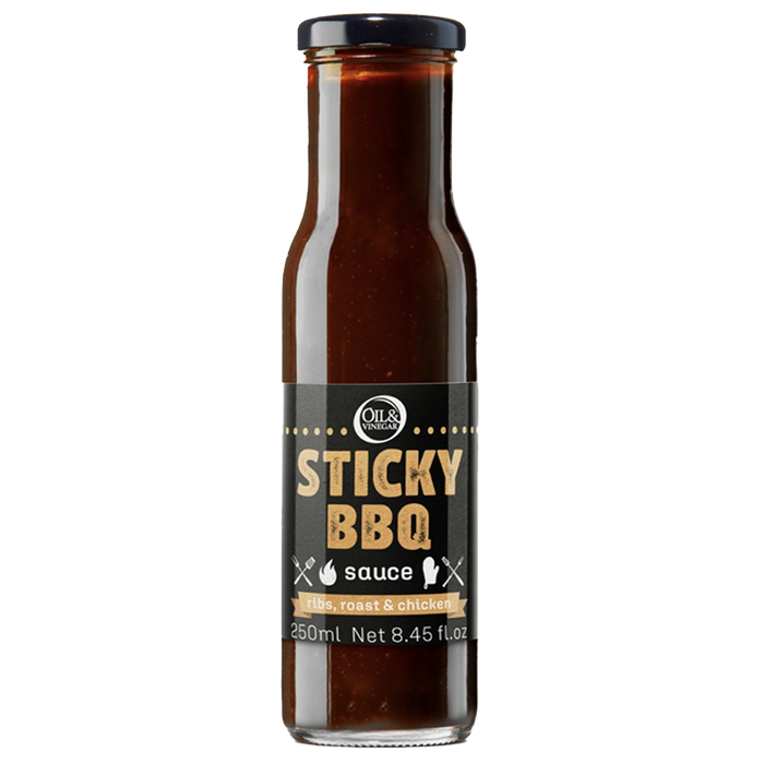 A bottle of Sticky BBQ Sauce with a label showing the product name and volume.