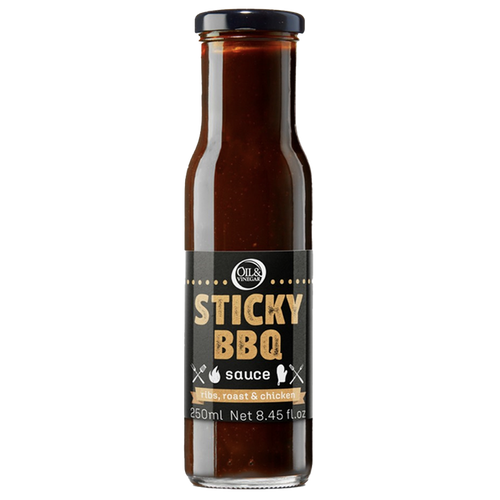 A bottle of Sticky BBQ Sauce with a label showing the product name and volume.