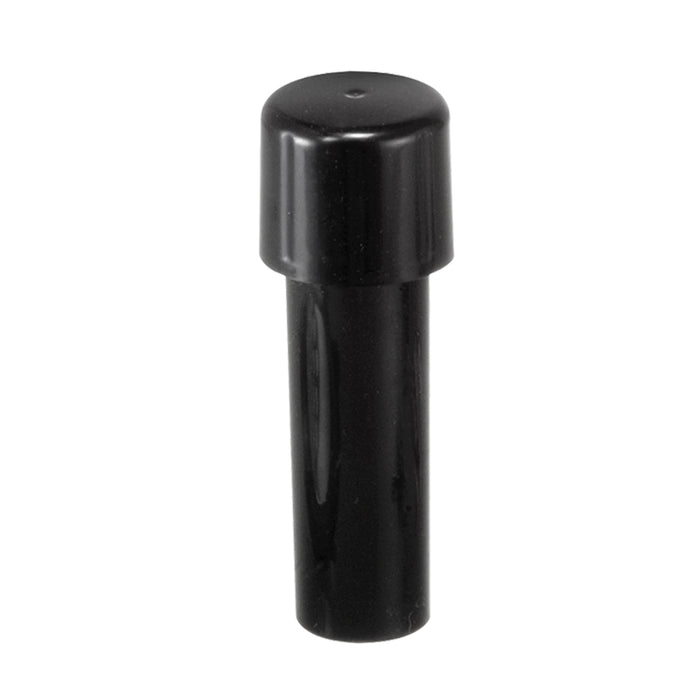 Der Unold Stopfer für FLEISCHWOLF 78131 ist ein schwarzes, zylindrisches Accessoire mit abgerundeter Oberseite, das als Kappe oder Abdeckung gestaltet ist und aufrecht vor einem weißen Hintergrund dargestellt wird.