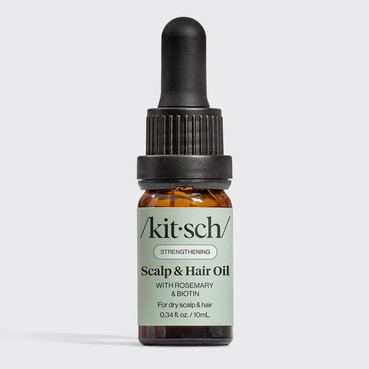 KITSCH Strengthening Rosemary & Biotin Scalp & Hair Oil 0.34fl oz./10mL — hero product shot — 100% plant-based oil formulated with rosemary extract and biotin — supports scalp health & hair strength from root to tip