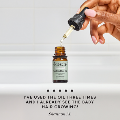 KITSCH Strengthening Rosemary & Biotin Scalp & Hair Oil 0.34fl oz./10mL — 5-star customer review graphic — 100% plant-based oil formulated with rosemary extract and biotin — free of parabens, phthalates, silicones, sulfates, & artificial fragrance
