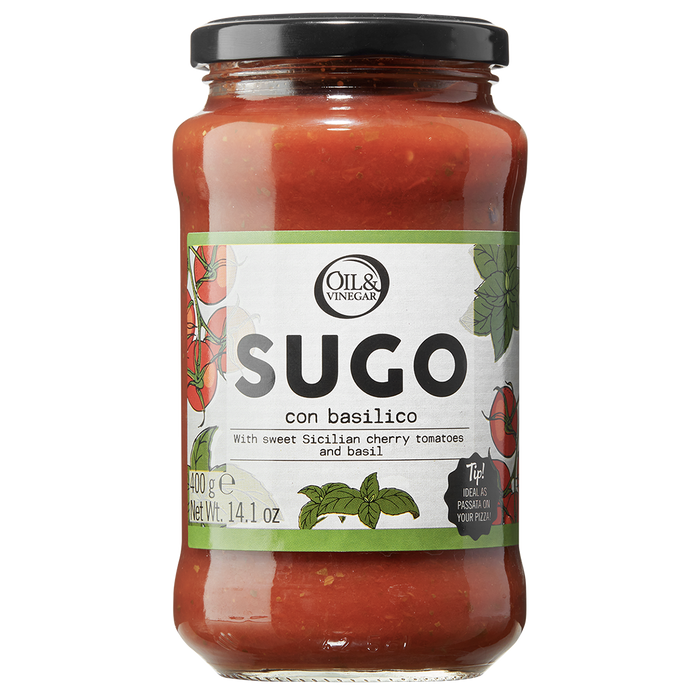 A glass jar of Sugo con Basilico pasta sauce with a label showing the brand, the product name, and an image of cherry tomatoes and basil leaves.