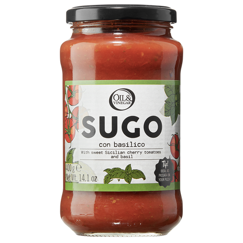 A glass jar of Sugo con Basilico pasta sauce with a label showing the brand, the product name, and an image of cherry tomatoes and basil leaves.