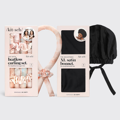 KITSCH Sunset Tie Dye Satin Heatless Curling Set + Black Satin Sleep Bonnet Bundle — hero shot — complete nighttime blowout routine