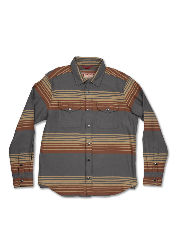Gray and brown striped button-up shirt with two chest pockets, featuring a classic collar and long sleeves, laid flat on white.