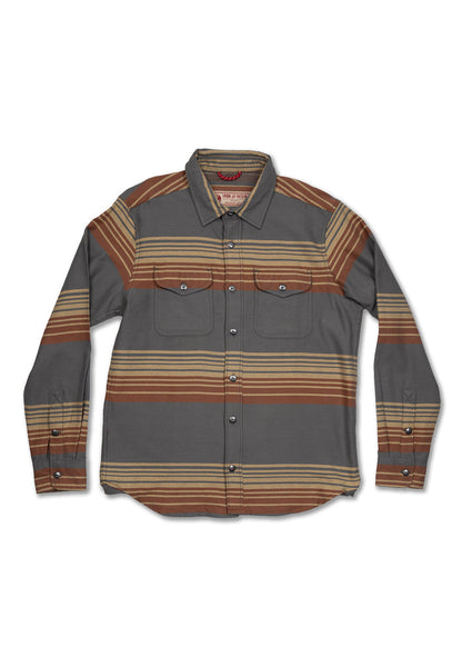 Gray and brown striped button-up shirt with two chest pockets, featuring a classic collar and long sleeves, laid flat on white.
