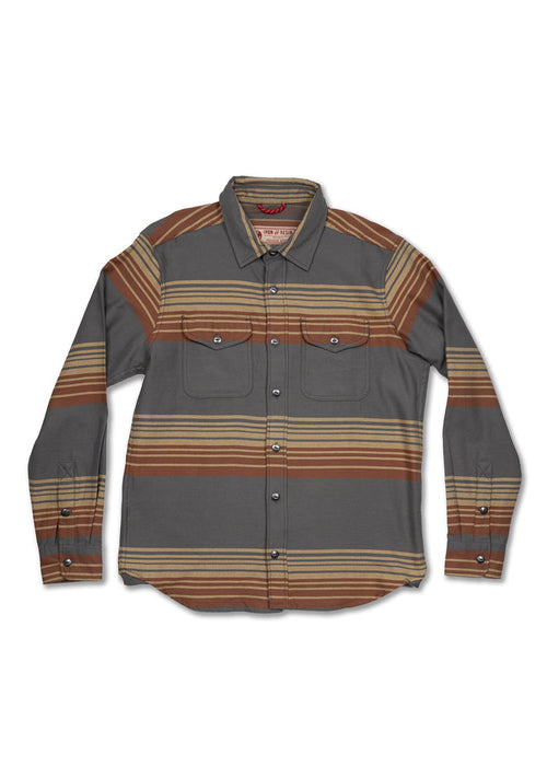 Gray and brown striped button-up shirt with two chest pockets, featuring a classic collar and long sleeves, laid flat on white.