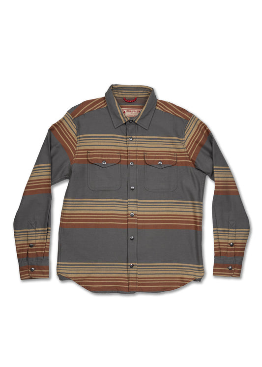 Gray and brown striped button-up shirt with two chest pockets, featuring a classic collar and long sleeves, laid flat on white.