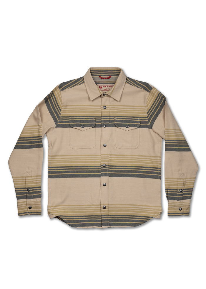 Tan and gray striped button-up shirt with two chest pockets, laid flat. Features long sleeves and a classic collar.