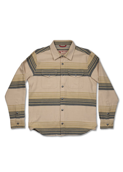 Tan and gray striped button-up shirt with two chest pockets, laid flat. Features long sleeves and a classic collar.