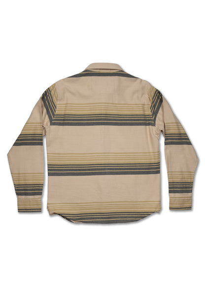 Beige long-sleeve shirt with horizontal black and yellow stripes, shown from the back, on a white background.