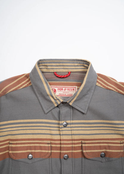 Gray and brown striped button-up shirt with dual chest pockets, featuring an Iron and Resin label, displayed on a white background.