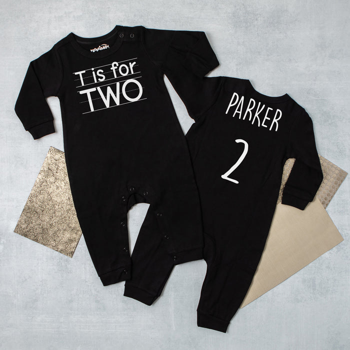 "T is for Two" 2nd Birthday Long Sleeve Romper