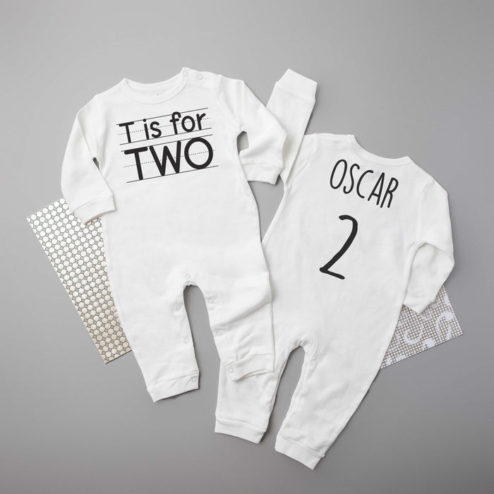 "T is for Two" 2nd Birthday Long Sleeve Romper