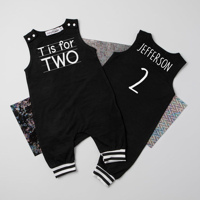 "T is for Two" 2nd Birthday Personalized Romper with Striped Cuff
