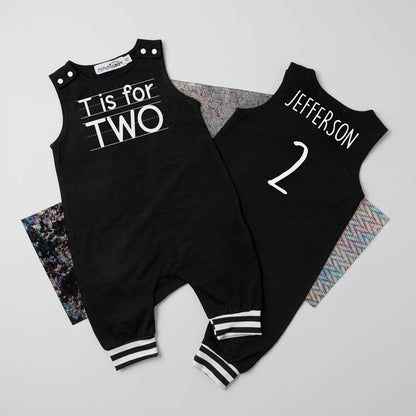 "T is for Two" 2nd Birthday Personalized Romper with Striped Cuff