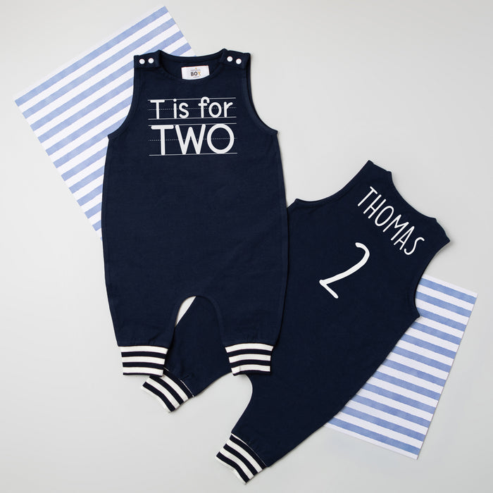 "T is for Two" 2nd Birthday Personalized Romper with Striped Cuff