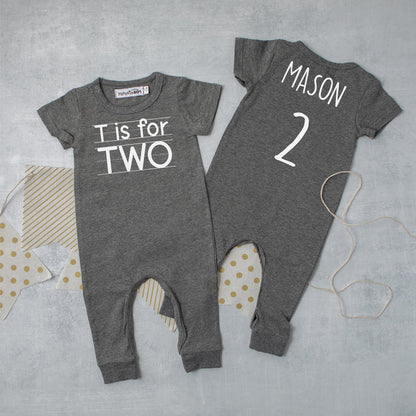 "T is for Two" Slim Fit Short Sleeve 2nd Birthday Romper