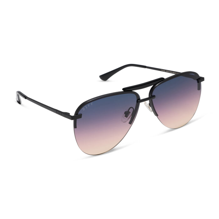 diff eyewear featuring the tahoe aviator sunglasses with a matte black frame and twilight gradient lenses angled view
