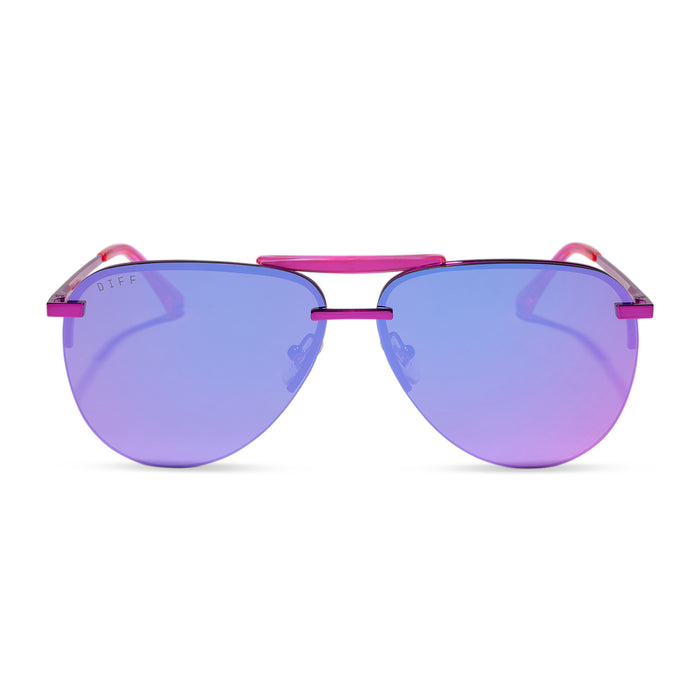 diff eyewear tahoe aviator sunglasses with a pink rush metallic frame and pink rush mirror lenses front view