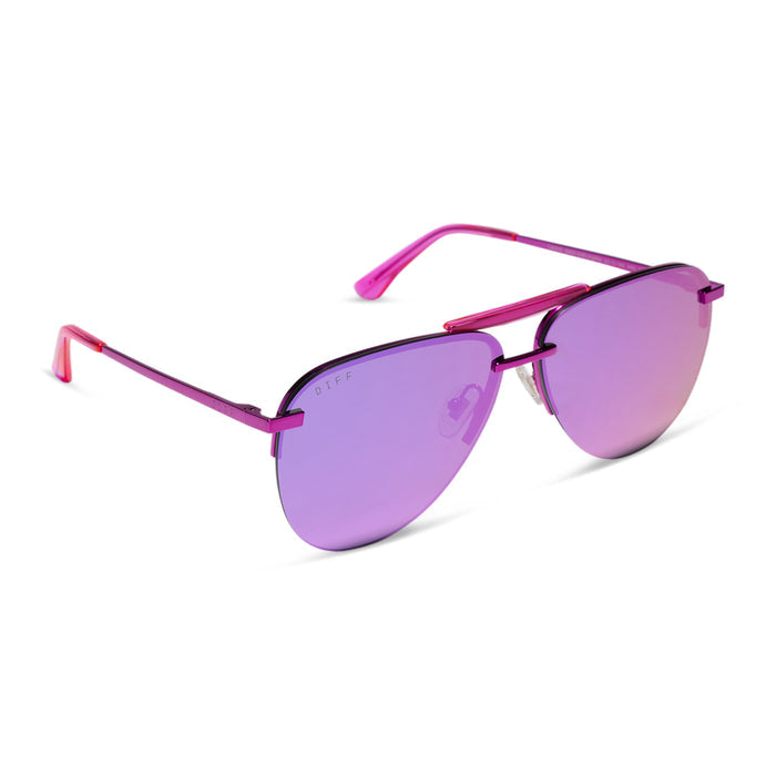diff eyewear tahoe aviator sunglasses with a pink rush metallic frame and pink rush mirror lenses angled view