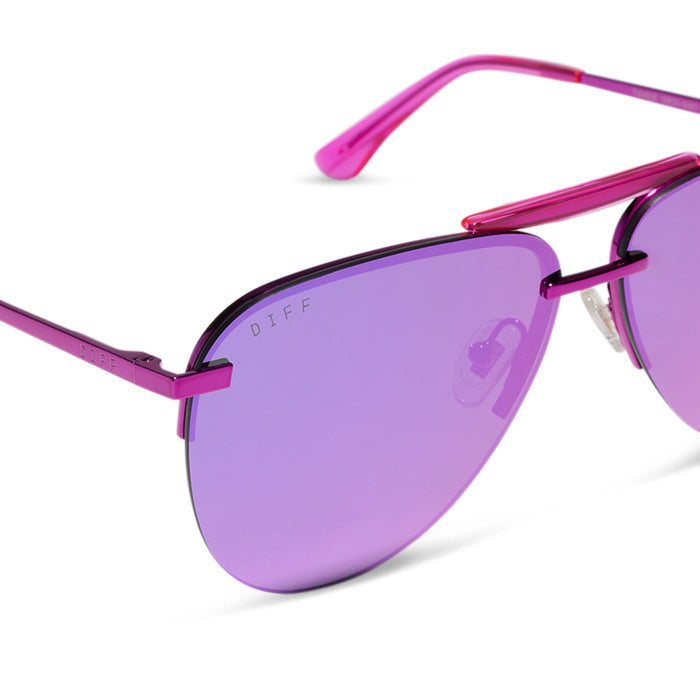 diff eyewear tahoe aviator sunglasses with a pink rush metallic frame and pink rush mirror lenses detailed view