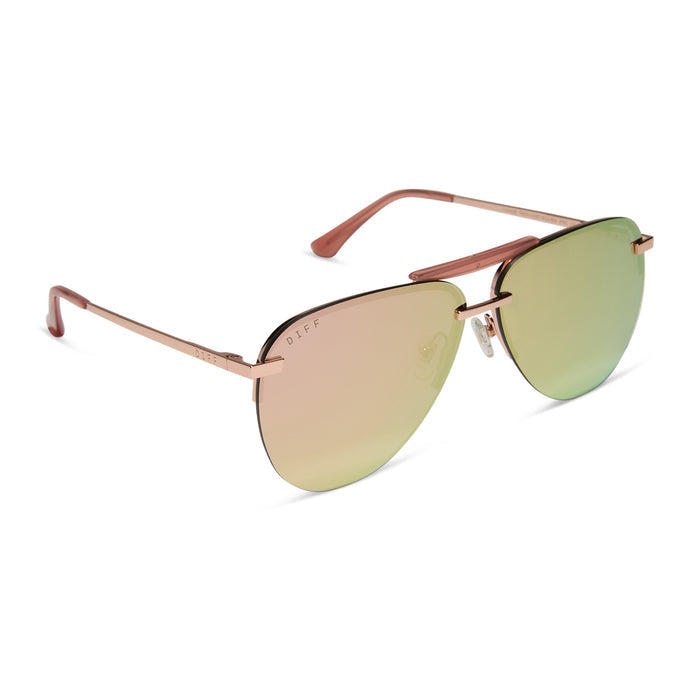 diff eyewear tahoe aviator sunglasses with a rose gold metal frame and cherry blossom mirror lenses rear angled view