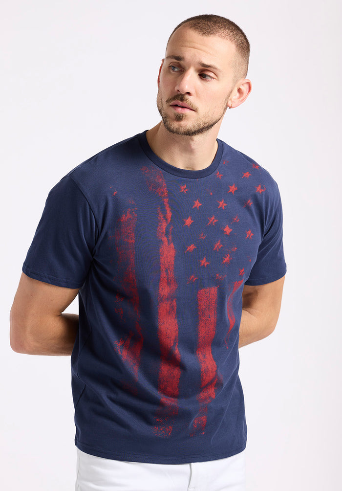 Buffalo Men T-Shirts Navy Knit Tees Short Sleeve Peached And Garment Wash Finish Graphic Print Detail
