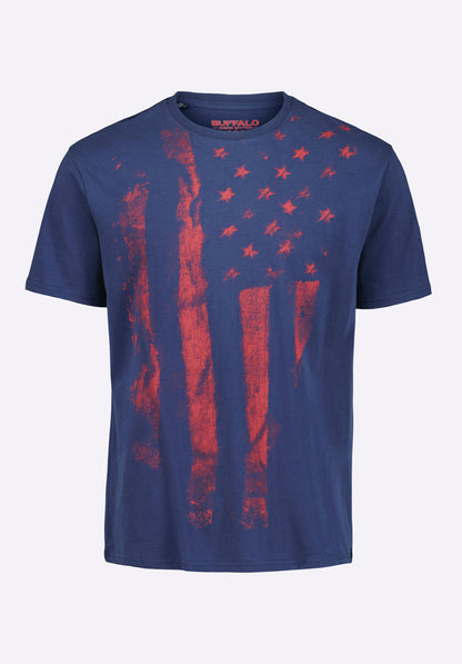 Buffalo Men T-Shirts Navy Knit Tees Short Sleeve Peached And Garment Wash Finish Graphic Print Detail