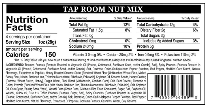 Tap Room Nut Mix nutritional facts