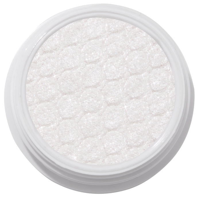 ColourPop Super Shock Shadow Tassel, a shimmering icy white cream-to-powder eyeshadow catching light across its quilt-textured pan inside a white round pot, shown in a crisp studio close-up on a white background.