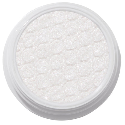ColourPop Super Shock Shadow Tassel, a shimmering icy white cream-to-powder eyeshadow catching light across its quilt-textured pan inside a white round pot, shown in a crisp studio close-up on a white background.