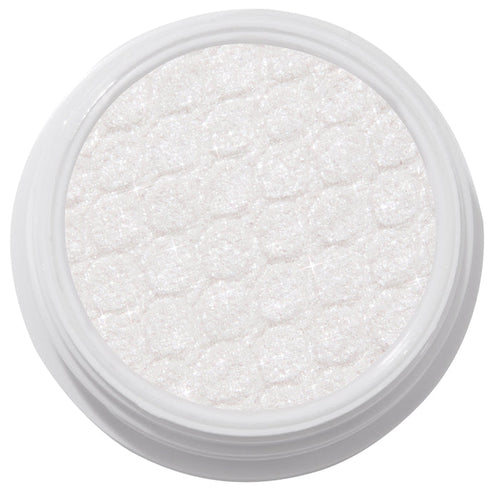 ColourPop Super Shock Shadow Tassel, a shimmering icy white cream-to-powder eyeshadow catching light across its quilt-textured pan inside a white round pot, shown in a crisp studio close-up on a white background.
