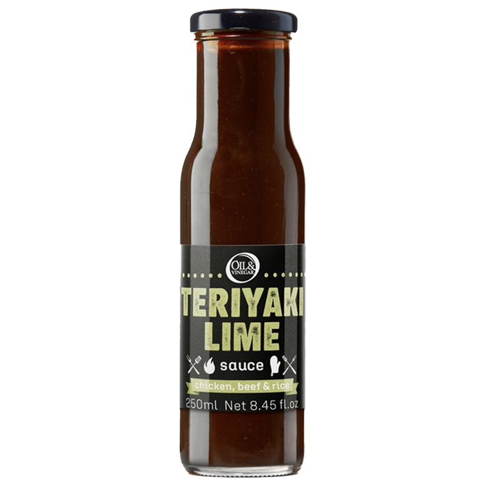 A bottle of Teriyaki Lime Sauce with a label showing the product name and volume.