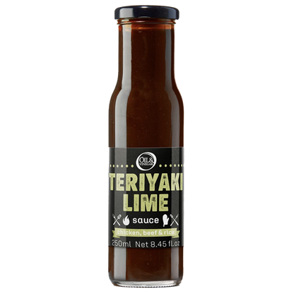 A bottle of Teriyaki Lime Sauce with a label showing the product name and volume.
