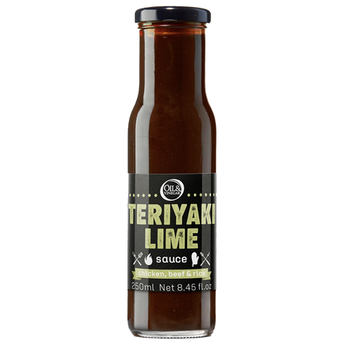 A bottle of Teriyaki Lime Sauce with a label showing the product name and volume.
